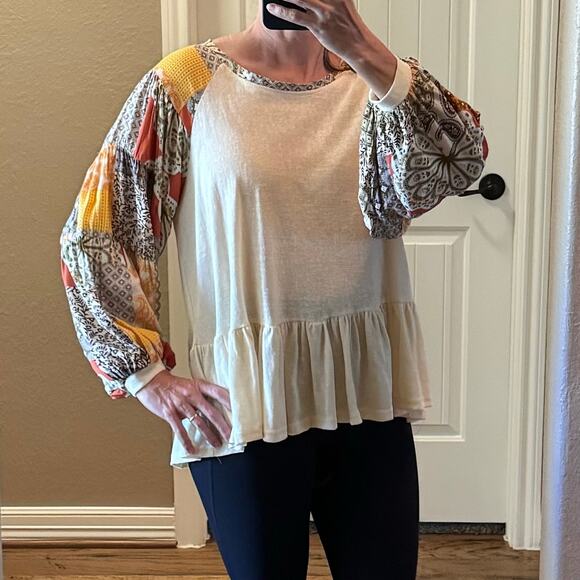 Umgee Mixed Print Balloon Sleeve Babydoll Blouse Top Boho Lightweight Size Small - Picture 6 of 9